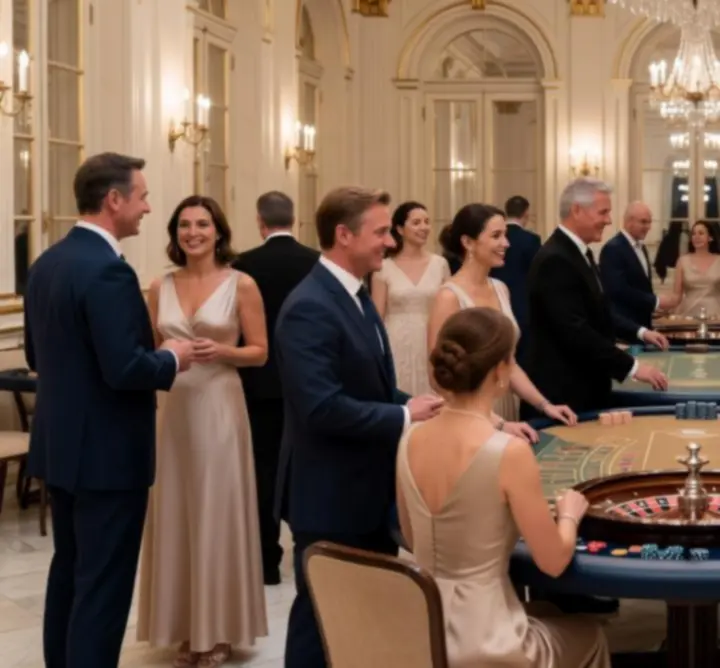 Elegáns mobil kaszinó hangulat, póker és rulett asztalokkal egy rendezvényen