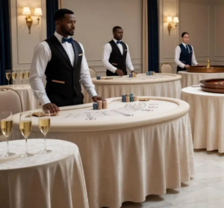 Elegáns kaszinó hangulatú rendezvény, fényekkel és játékasztalokkal