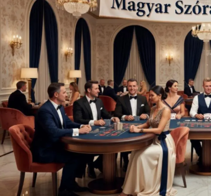 Pókerasztal, blackjack és rulett hangulatos, esti fényekben