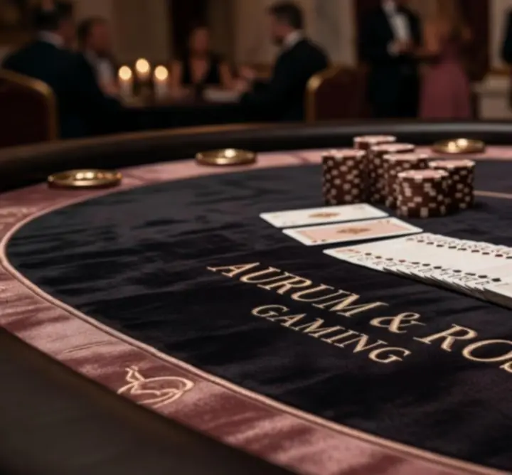 Exkluzív pókerasztal megterítve, elegáns zsetonokkal és kártyákkal