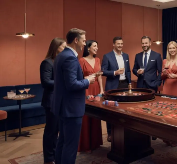 Elegáns rulett asztal és játékosok egy budapesti tematikus kaszinóesten a YURII POHORIELOV YRP.BUD szervezésében